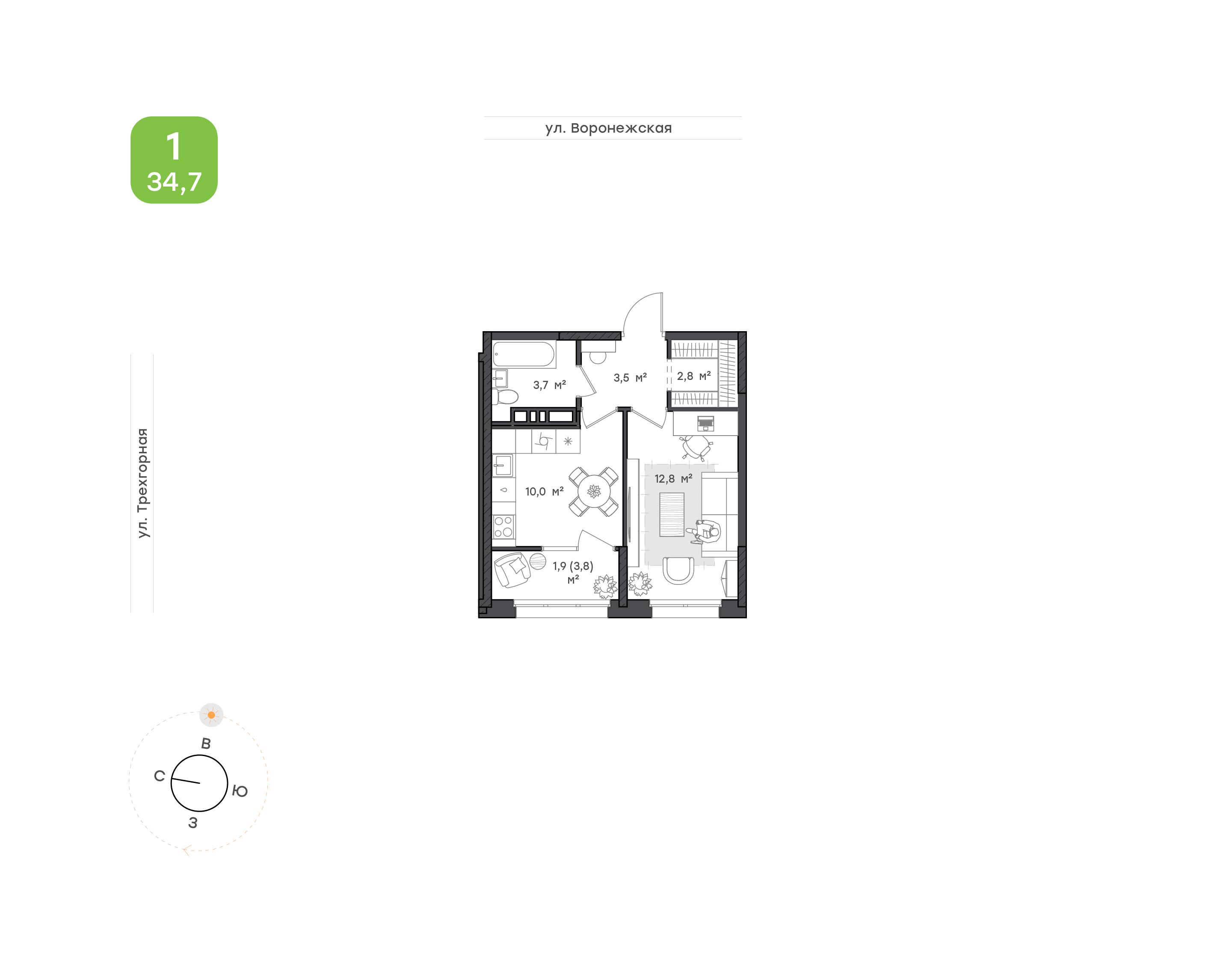 1-комнатная 34 м2 в ЖК Воронежский бульвар корпус null этаж 11