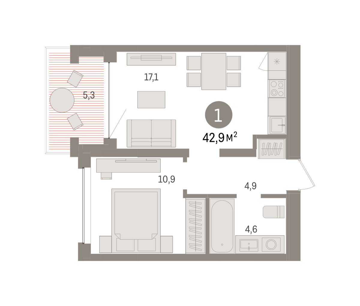 1-комнатная 42 м2 в ЖК Европейский квартал корпус null этаж 3