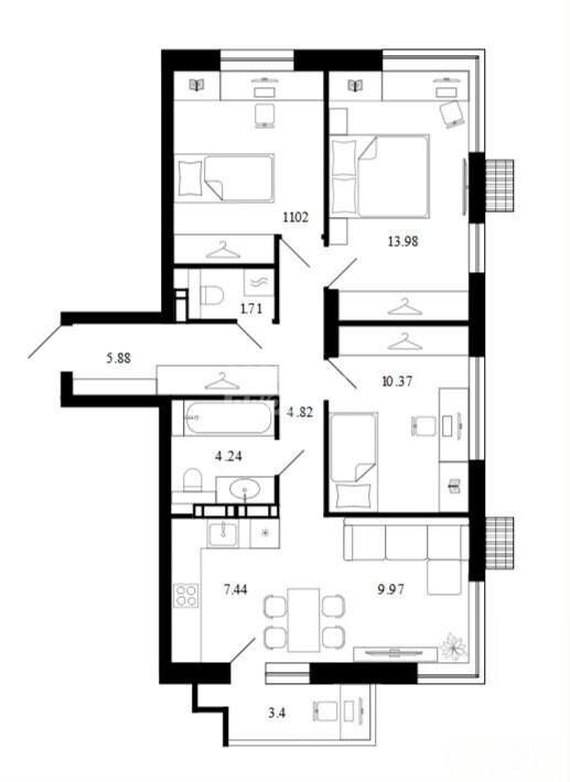 3-комнатная 72.8 м2 в ЖК undefined корпус null этаж 2