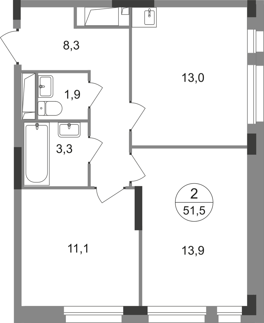2-комнатная 51 м2 в ЖК Первый Московский корпус null этаж 17