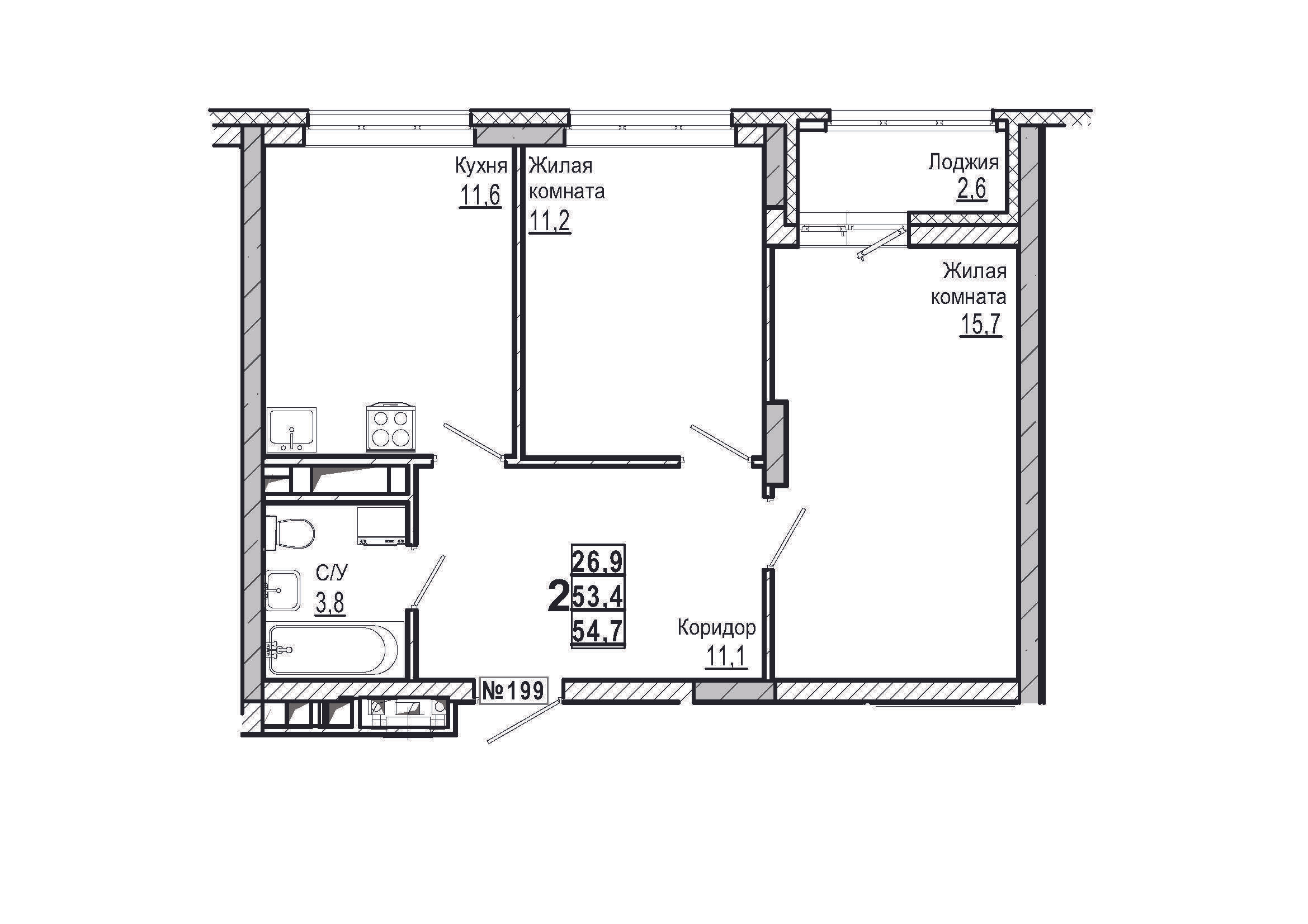 2-комнатная 54 м2 в ЖК Дом на Маяковского корпус null этаж 7