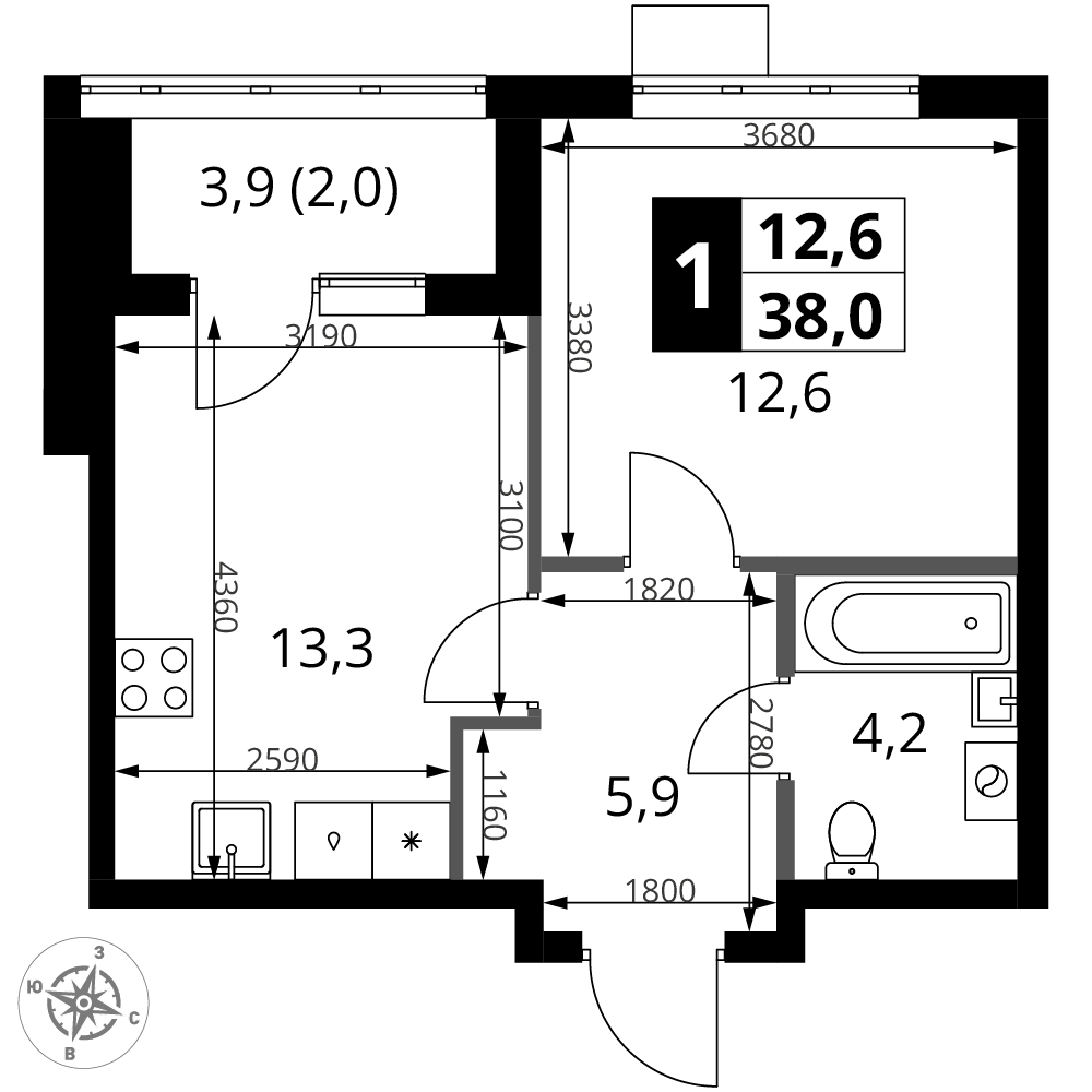1-комнатная 38 м2 в ЖК 1-й Ясеневский корпус null этаж 2