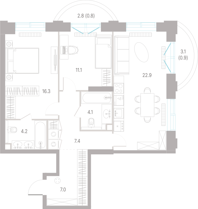 2-комнатная 74 м2 в ЖК КОД Сокольники корпус null этаж 15