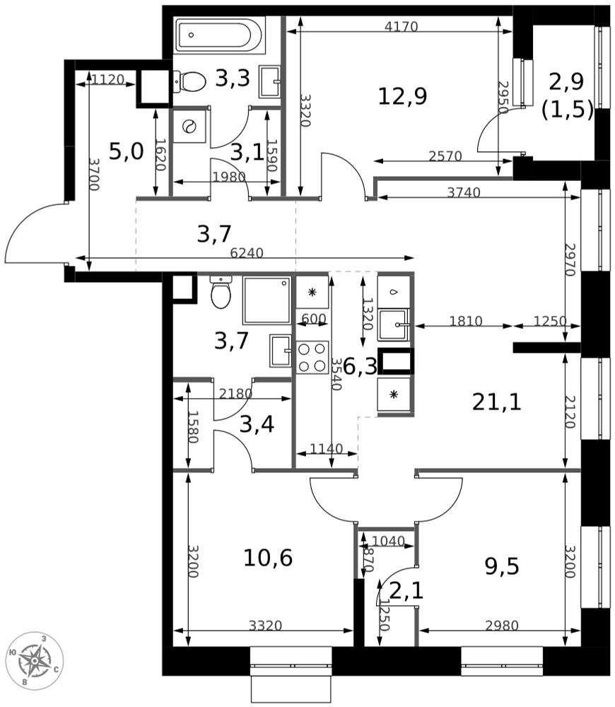 4-комнатная 86 м2 в ЖК 1-й Измайловский корпус null этаж 21
