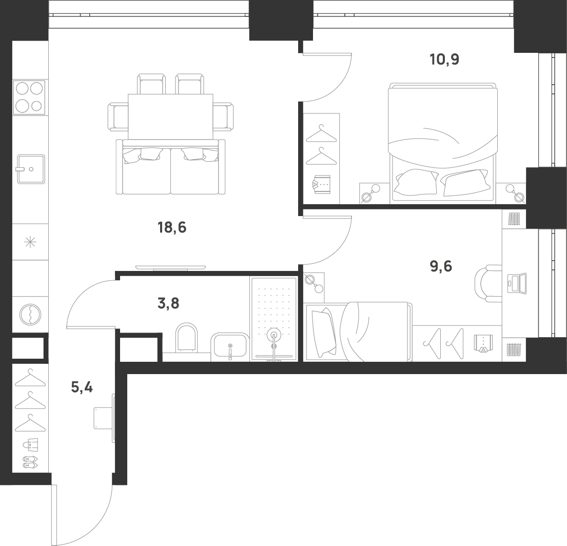 2-комнатная 48 м2 в ЖК Voice Towers корпус null этаж 3