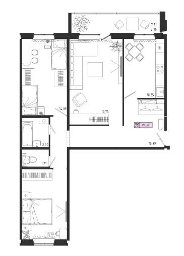 3-комнатная 80.3 м2 в ЖК undefined корпус null этаж 2