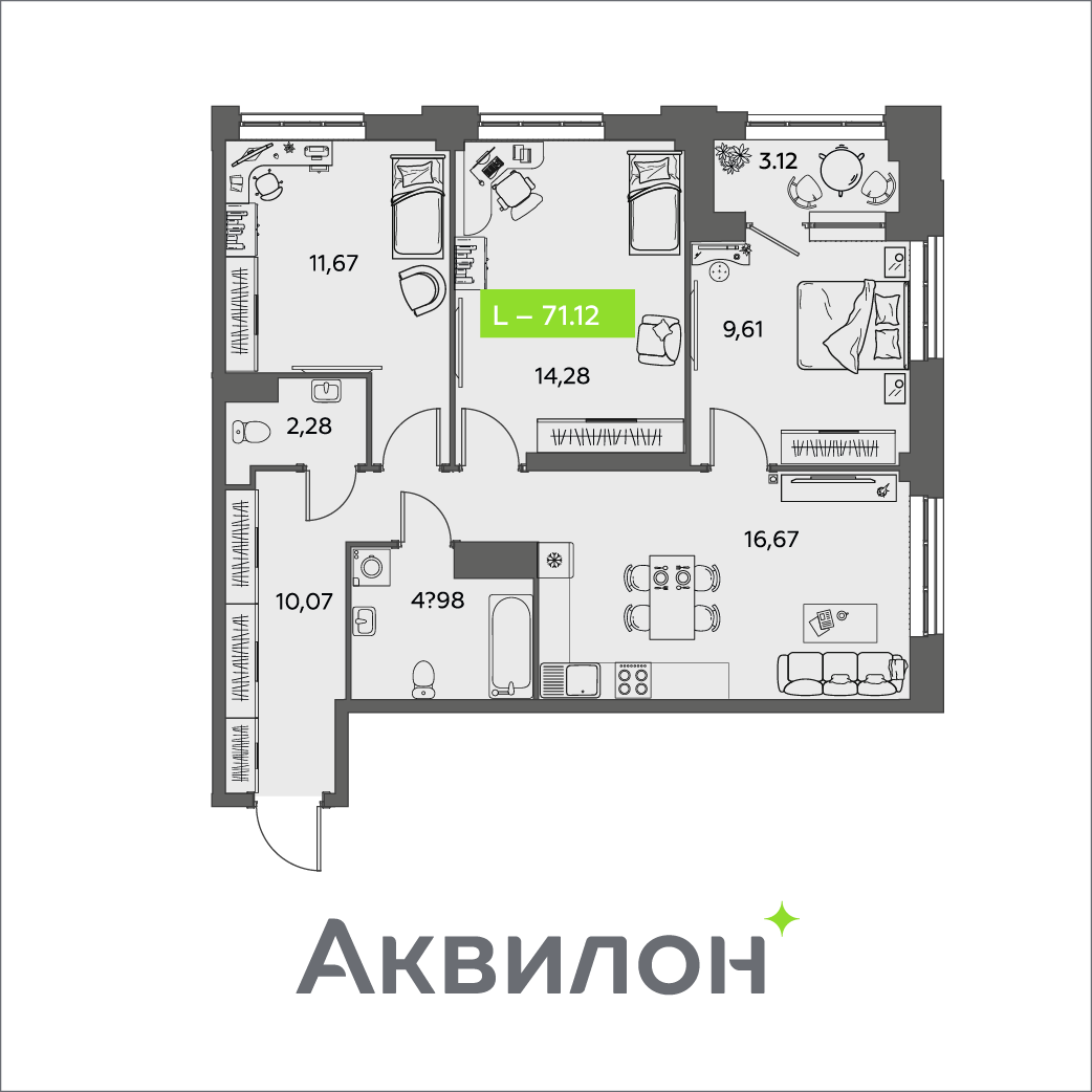 Студия 71 м2 в ЖК Аквилон Shine корпус null этаж 14