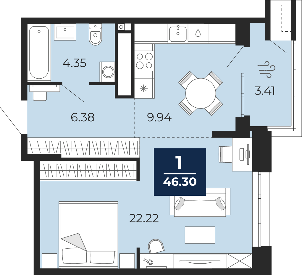1-комнатная 42 м2 в ЖК Мириады корпус null этаж 12