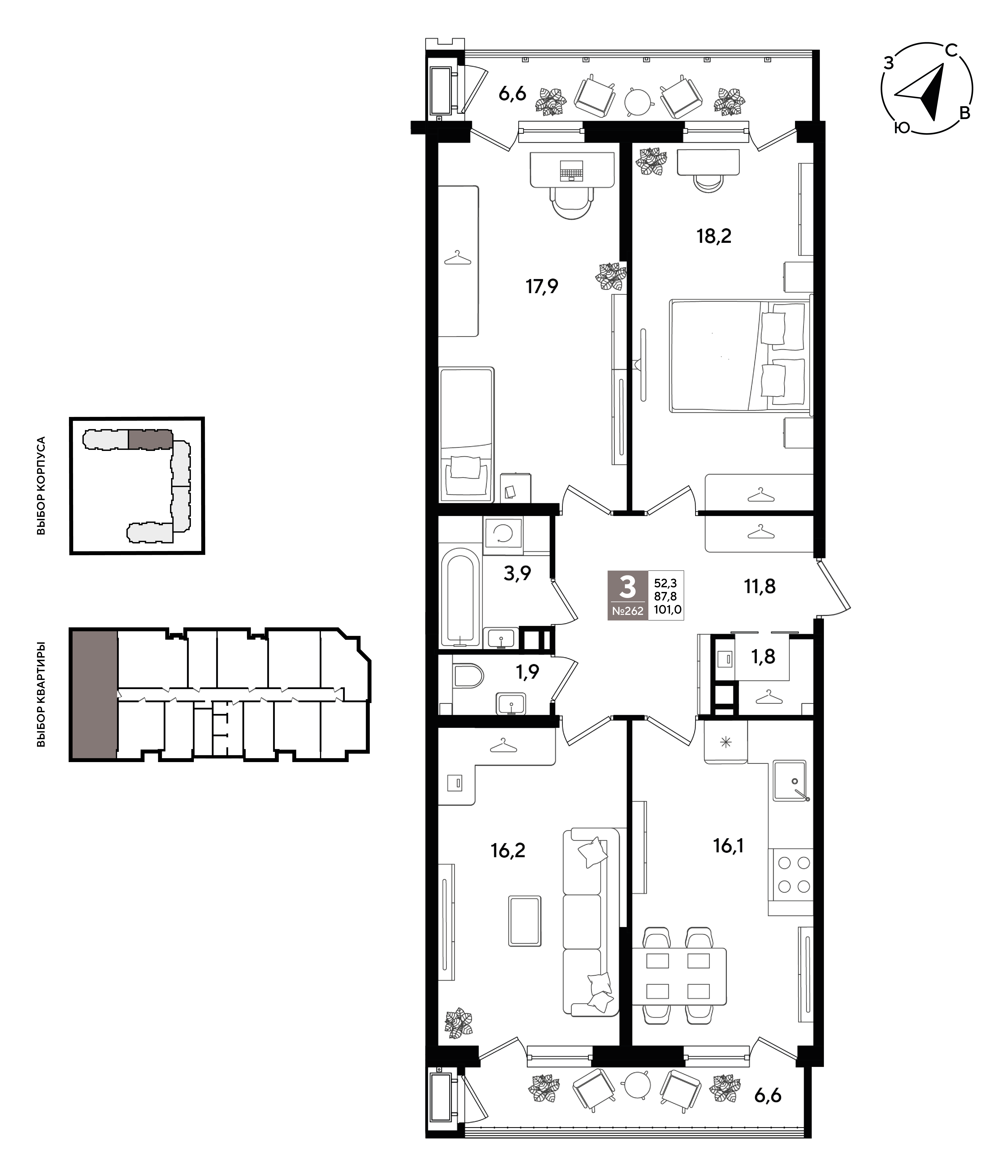 3-комнатная 100 м2 в ЖК Рекорд 2 корпус null этаж 7