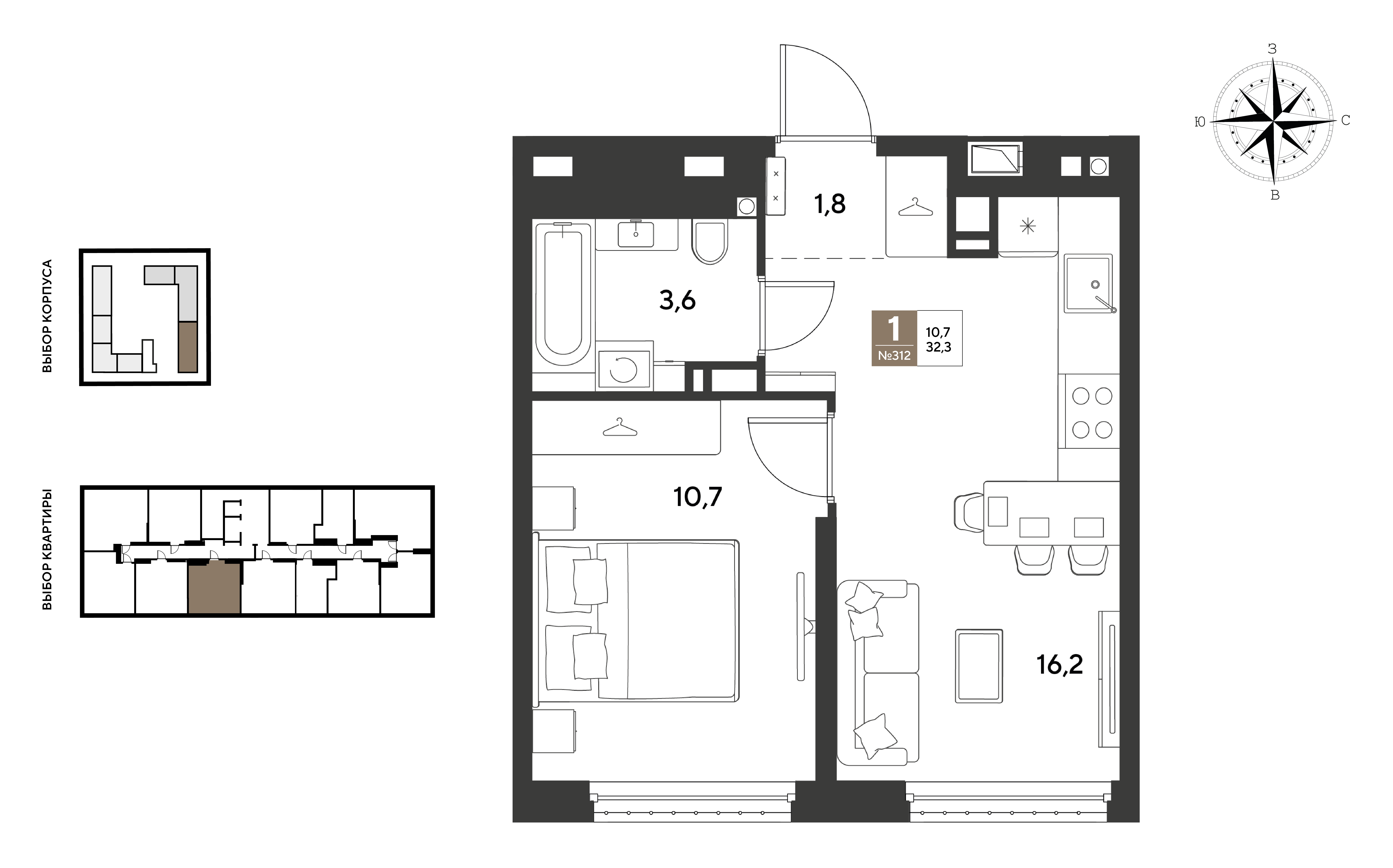 1-комнатная 32 м2 в ЖК ГРЭЙД корпус null этаж 16