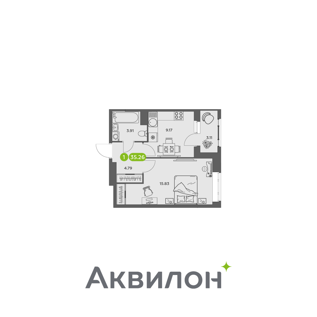 1-комнатная 35 м2 в ЖК Аквилон АКВАРТАЛ корпус null этаж 12