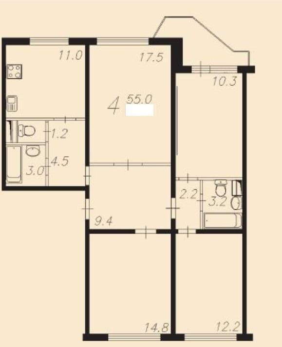 4-комнатная 90.5 м2 в ЖК undefined корпус null этаж 7