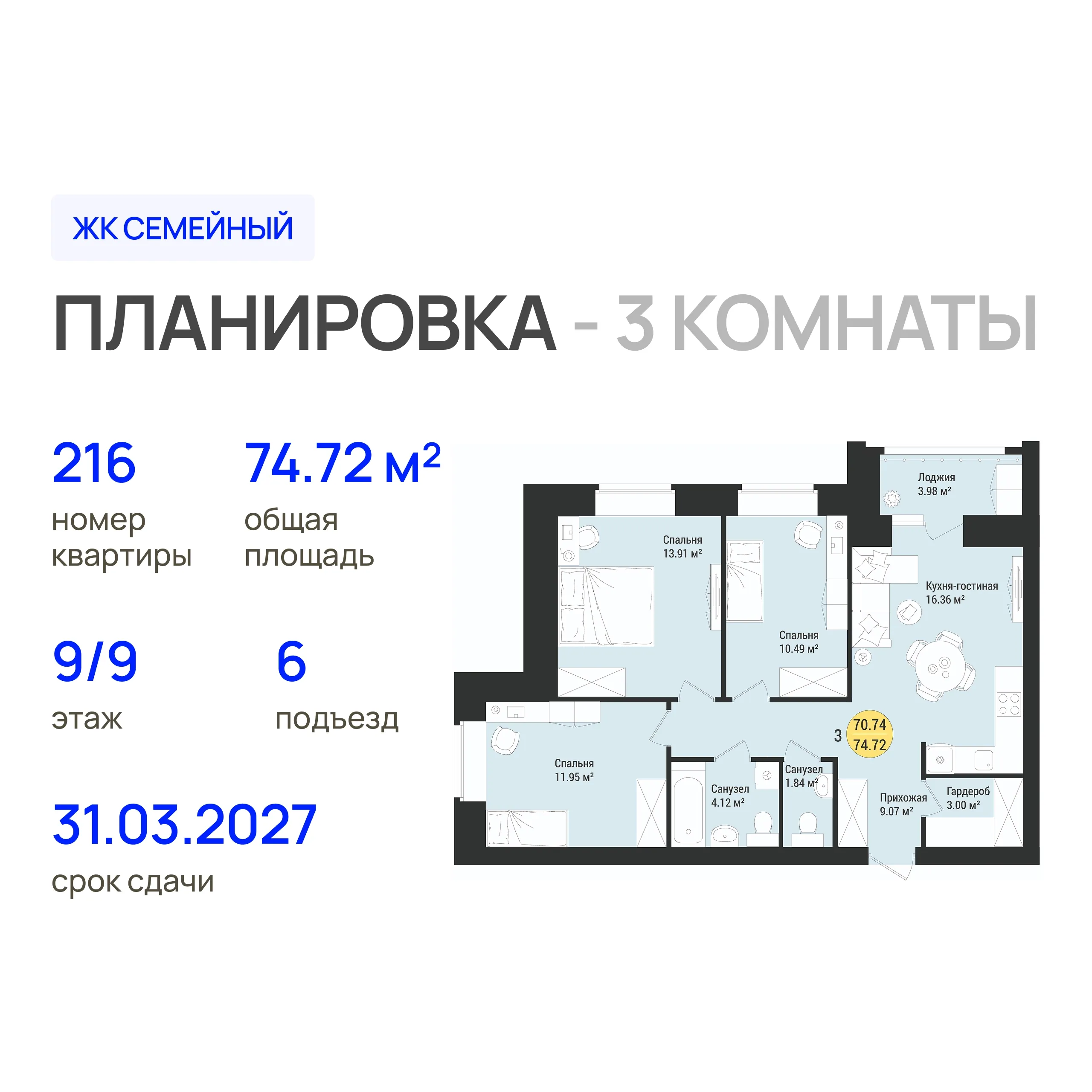3-комнатная 74 м2 в ЖК Семейный корпус null этаж 9