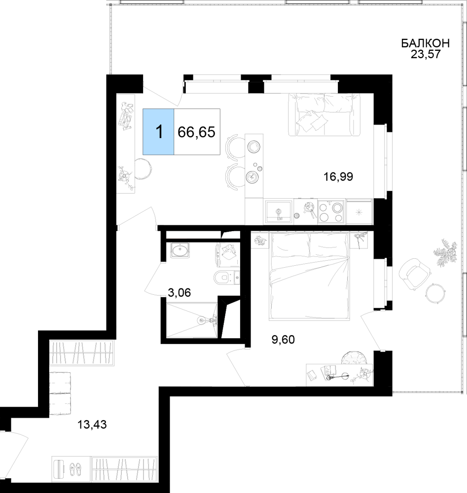 2-комнатная 66 м2 в ЖК Корсаков корпус null этаж 5
