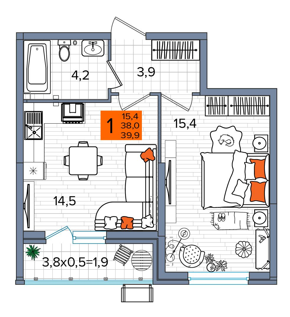 1-комнатная 39 м2 в ЖК Сармат корпус null этаж 2