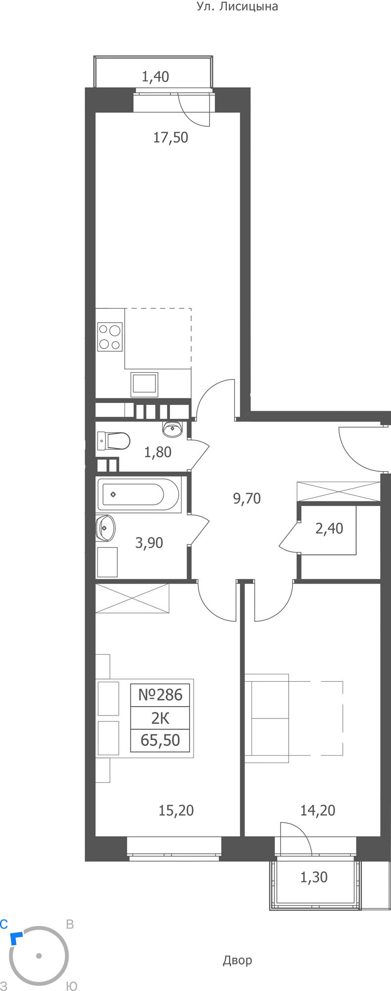 2-комнатная 65 м2 в ЖК ЭРА корпус null этаж 3