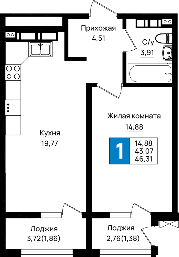 1-комнатная 46 м2 в ЖК Резиденция морей корпус null этаж 12