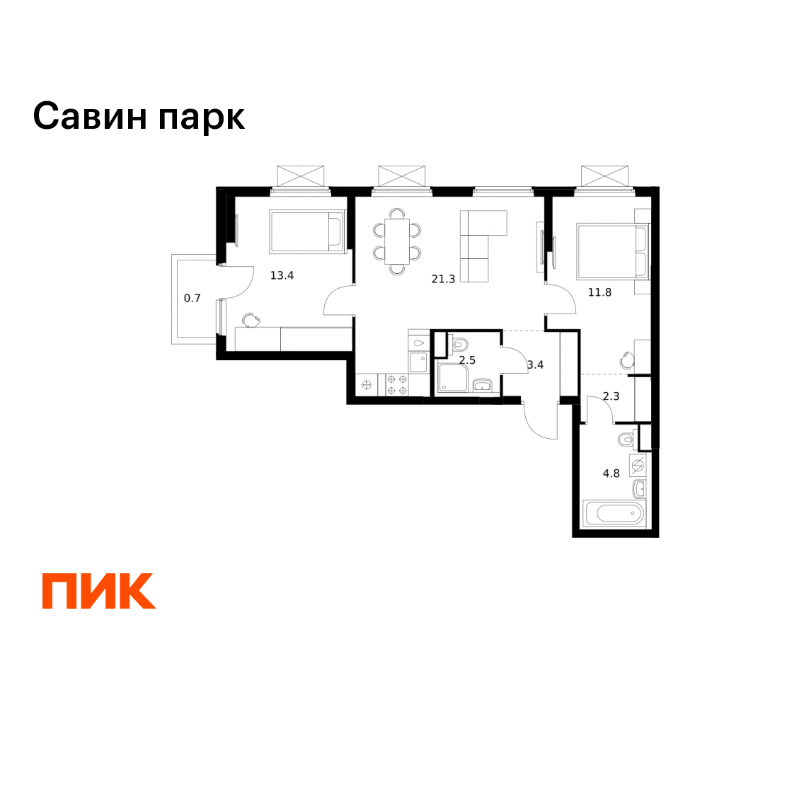 2-комнатная 60 м2 в ЖК Савин парк корпус null этаж 13