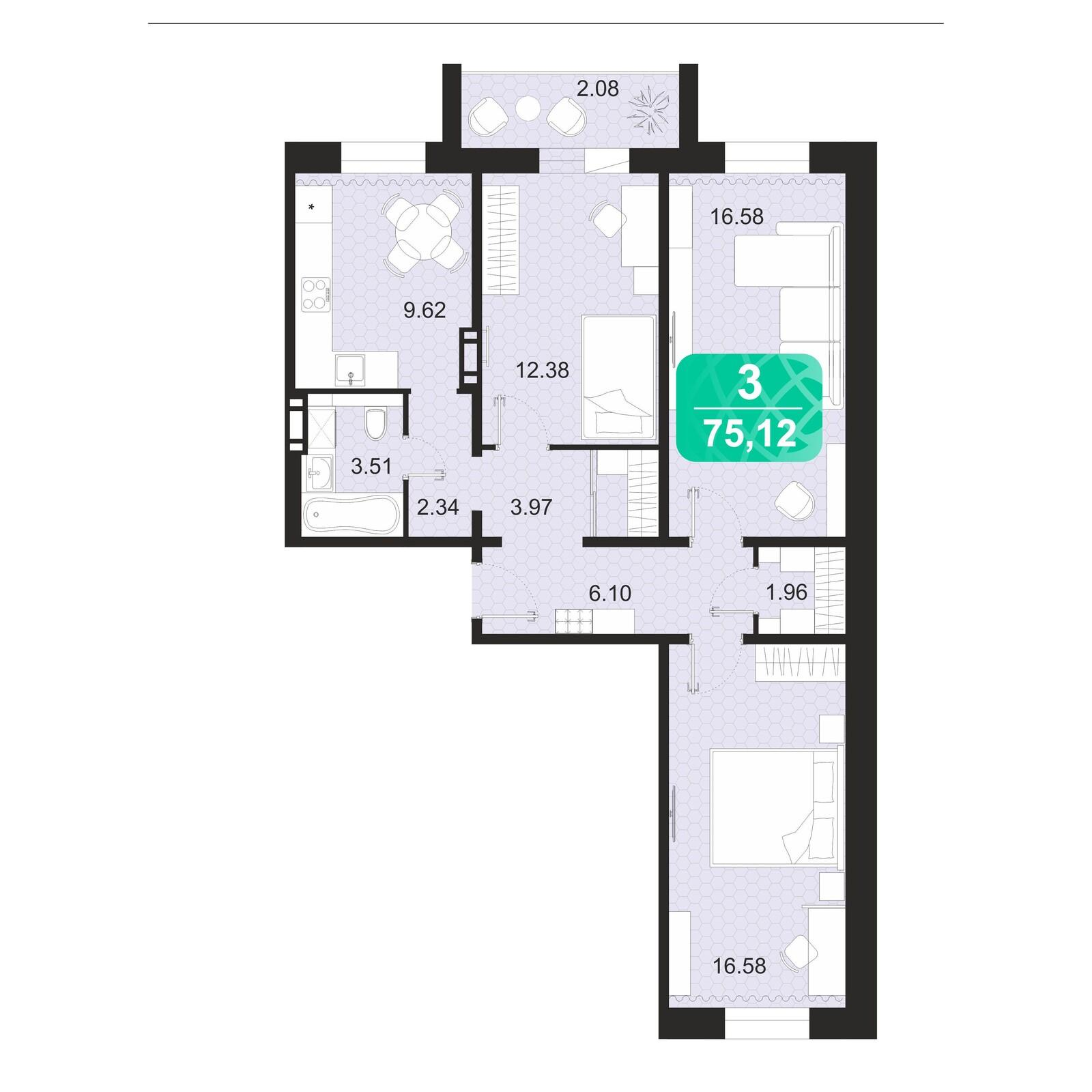 3-комнатная 75 м2 в ЖК Серебряный бор корпус null этаж 6