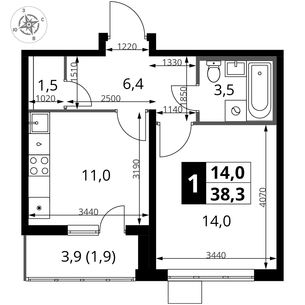 1-комнатная 38 м2 в ЖК 1-й Южный корпус null этаж 13
