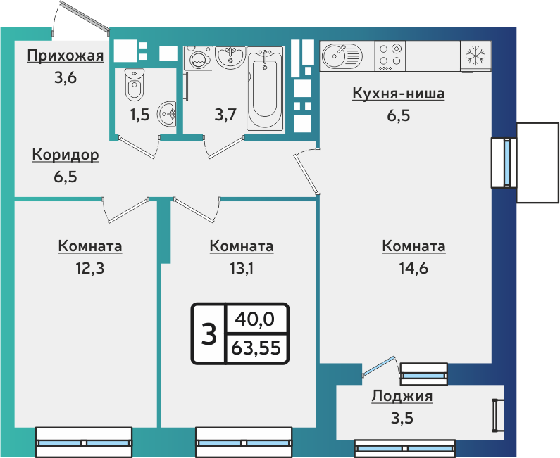 3-комнатная 63 м2 в ЖК ARTNOVA корпус null этаж 8