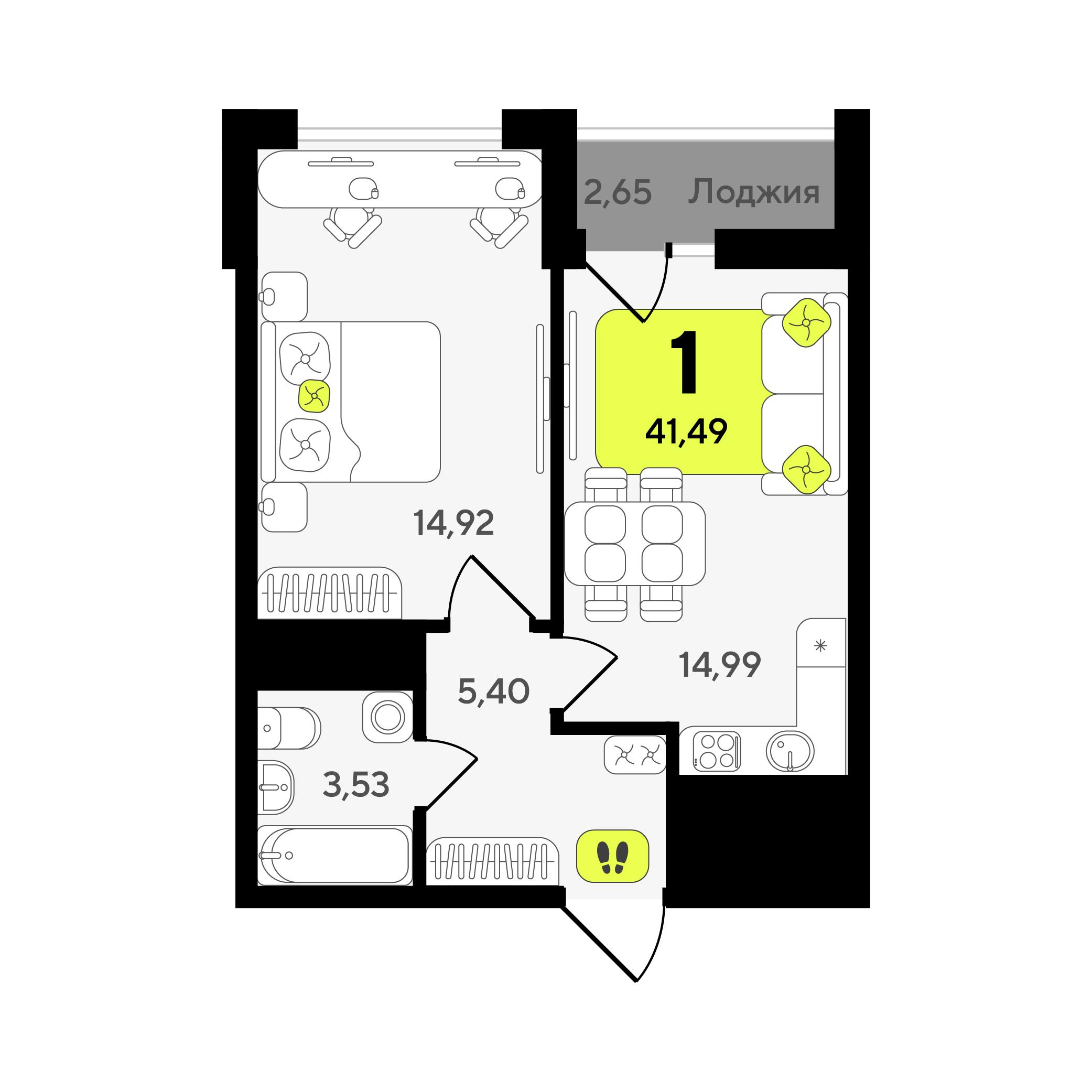 1-комнатная 41 м2 в ЖК Окинава корпус null этаж 10