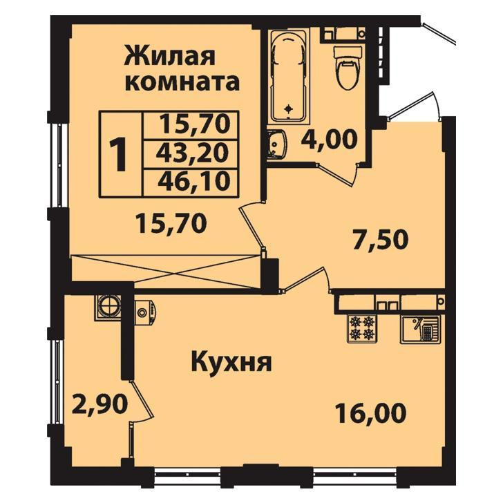 1-комнатная 46.1 м2 в ЖК undefined корпус null этаж 3