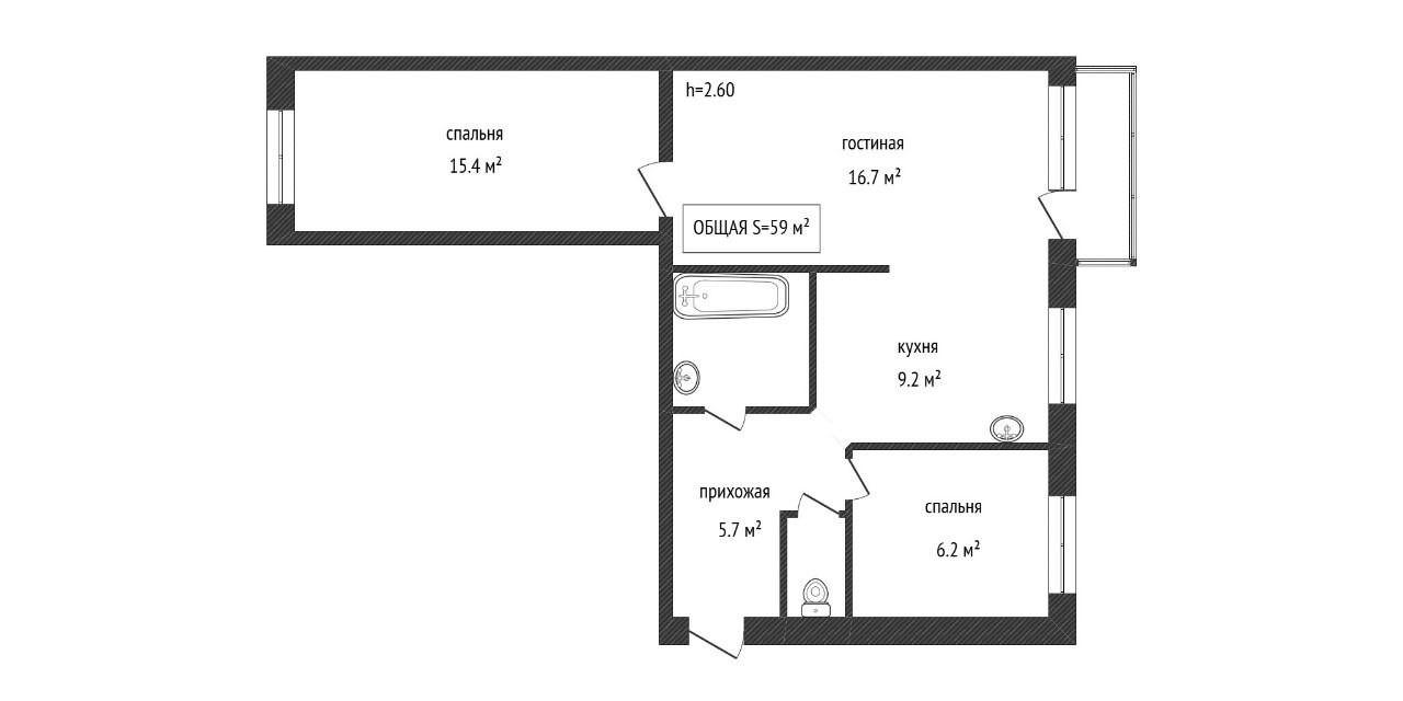 3-комнатная 59 м2 в ЖК undefined корпус null этаж 4