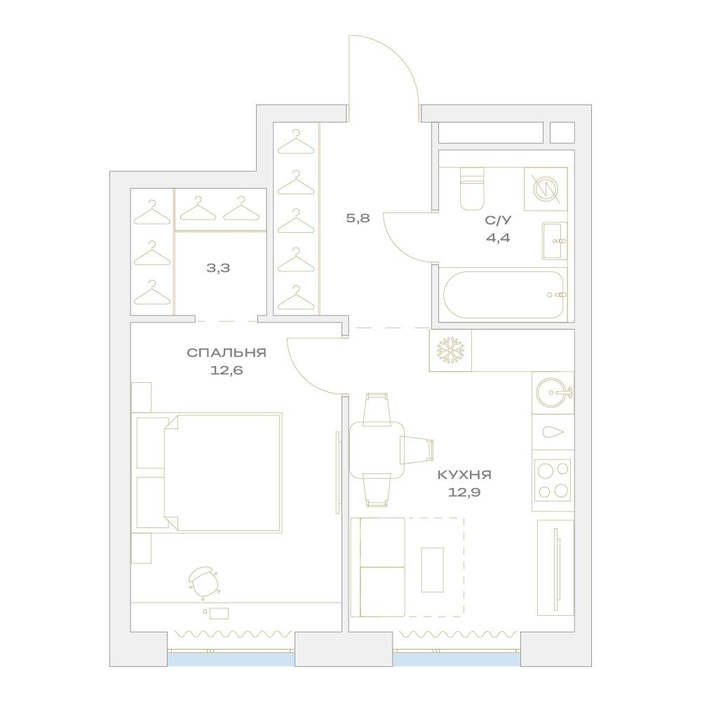 1-комнатная 39 м2 в ЖК Детали корпус null этаж 10