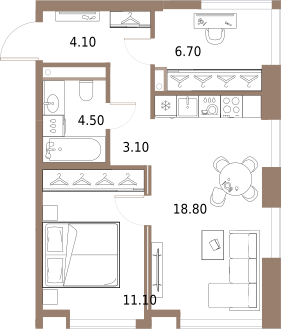 1-комнатная 48 м2 в ЖК Северный порт. Береговые кварталы корпус null этаж 2