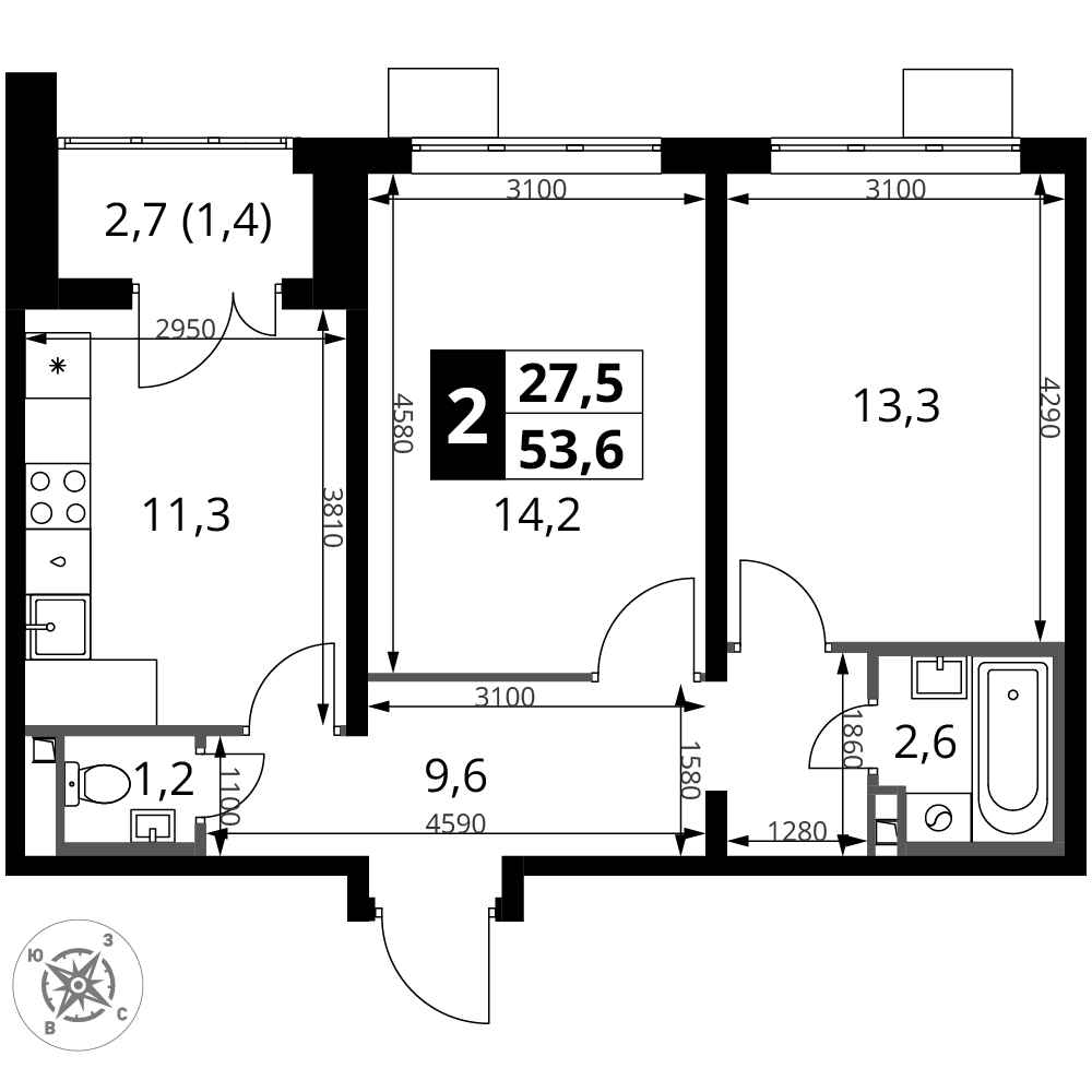 2-комнатная 53 м2 в ЖК 1-й Донской корпус null этаж 10