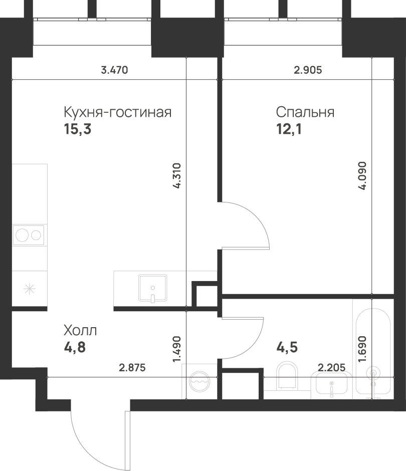 1-комнатная 36 м2 в ЖК Voice Towers корпус null этаж 24