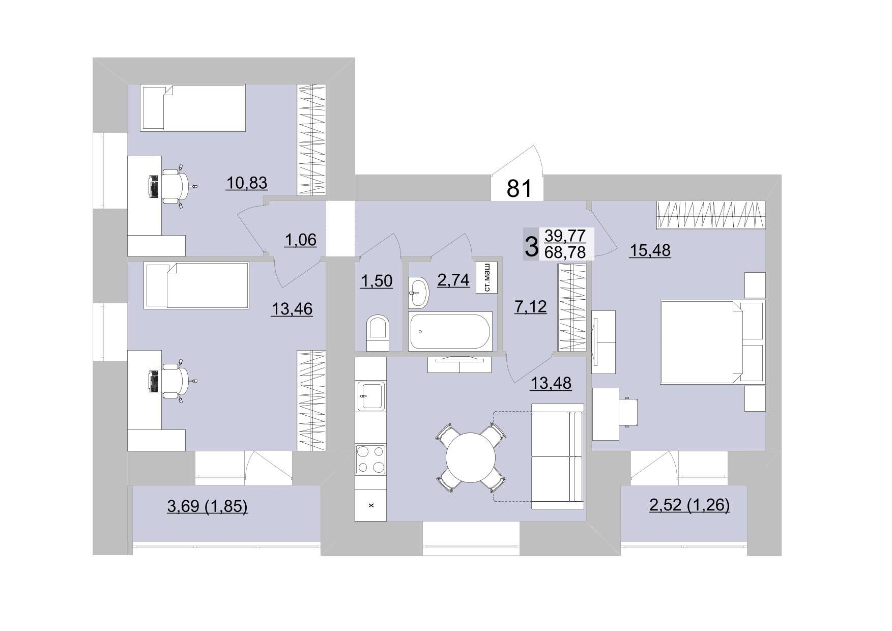 3-комнатная 71 м2 в ЖК Философия Идеалистов на Театральной корпус null этаж 14
