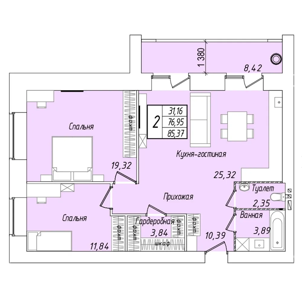 2-комнатная 85 м2 в ЖК «Мирный» поз. 27 корпус null этаж 9
