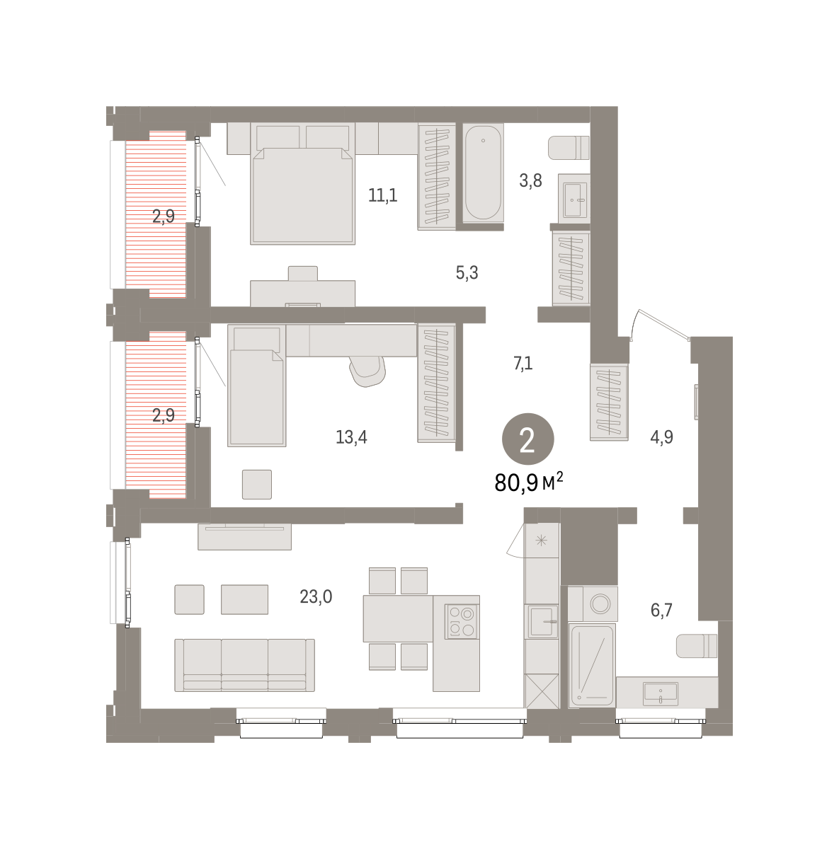 2-комнатная 80 м2 в ЖК Европейский берег корпус null этаж 15