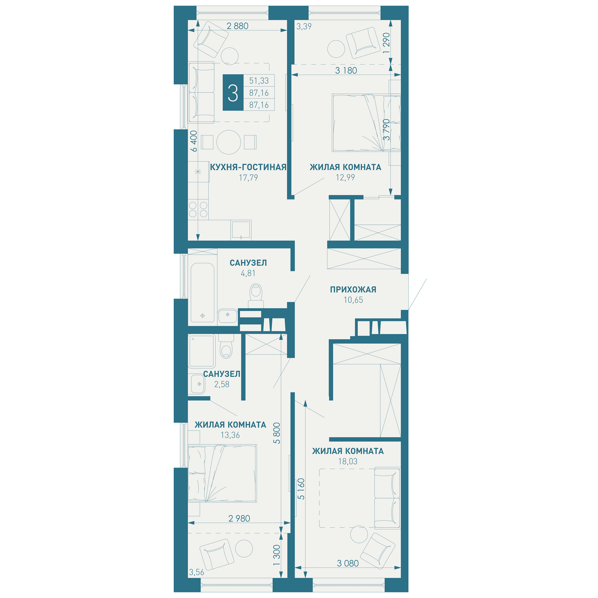 3-комнатная 87 м2 в ЖК ИНАЧЕ в Молодежном корпус null этаж 18