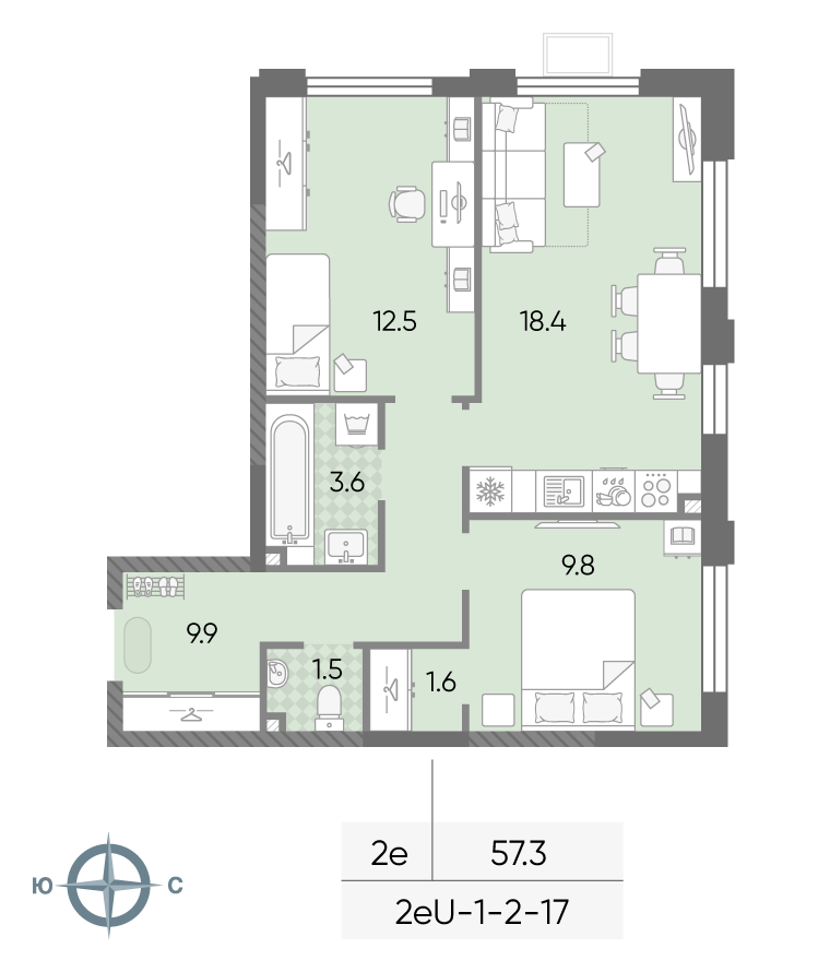 2-комнатная 57 м2 в ЖК ЛУЧИ корпус null этаж 13