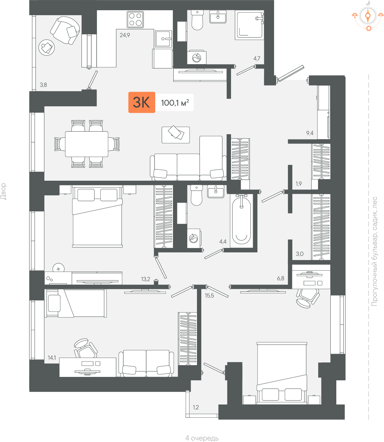 3-комнатная 100 м2 в ЖК Zori корпус null этаж 6