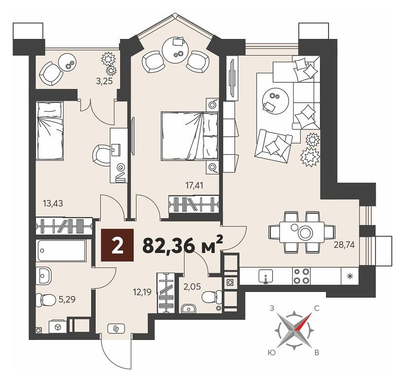 2-комнатная 82 м2 в ЖК Ньютон корпус null этаж 15