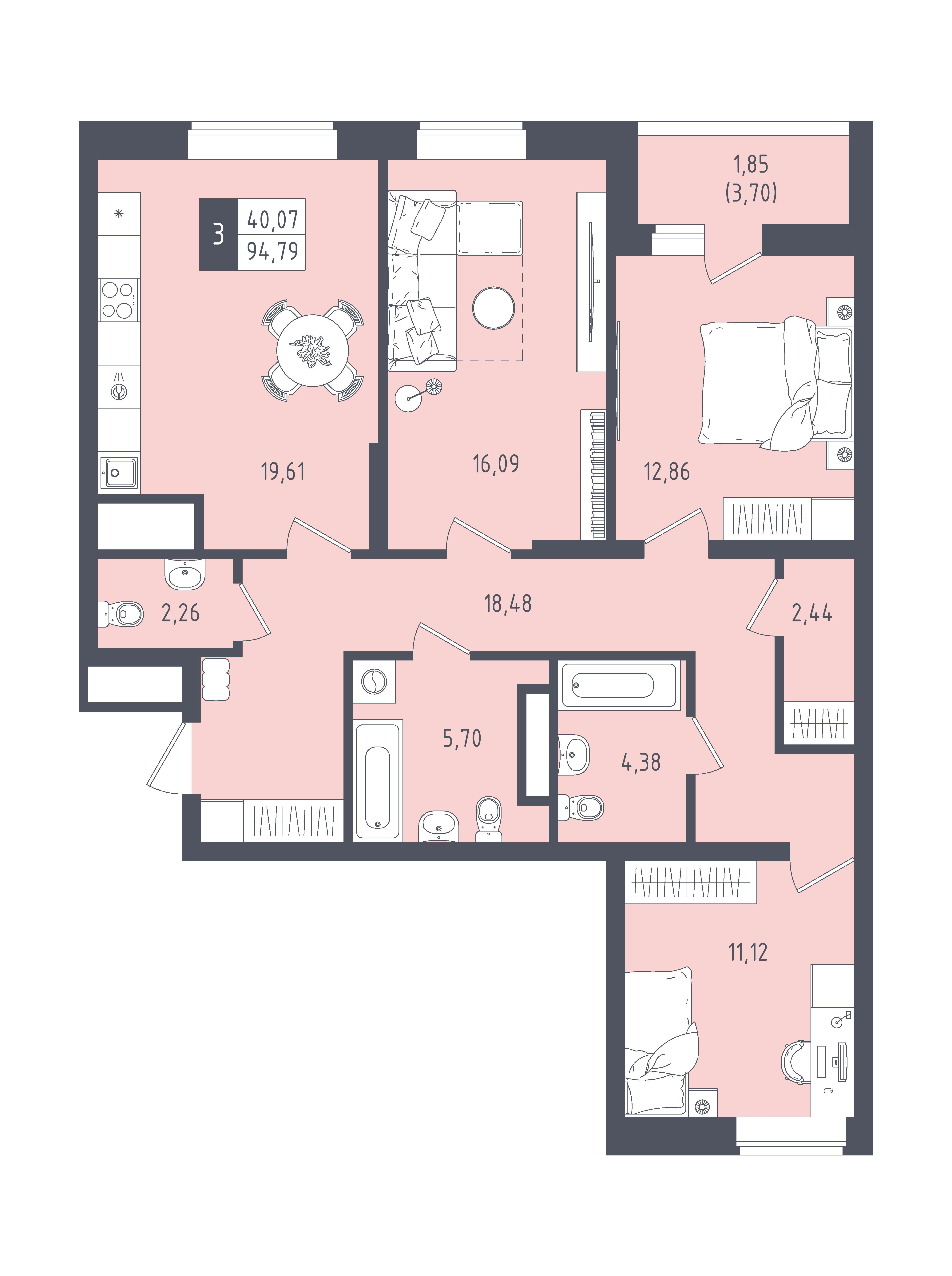 3-комнатная 94 м2 в ЖК Малевич корпус null этаж 15