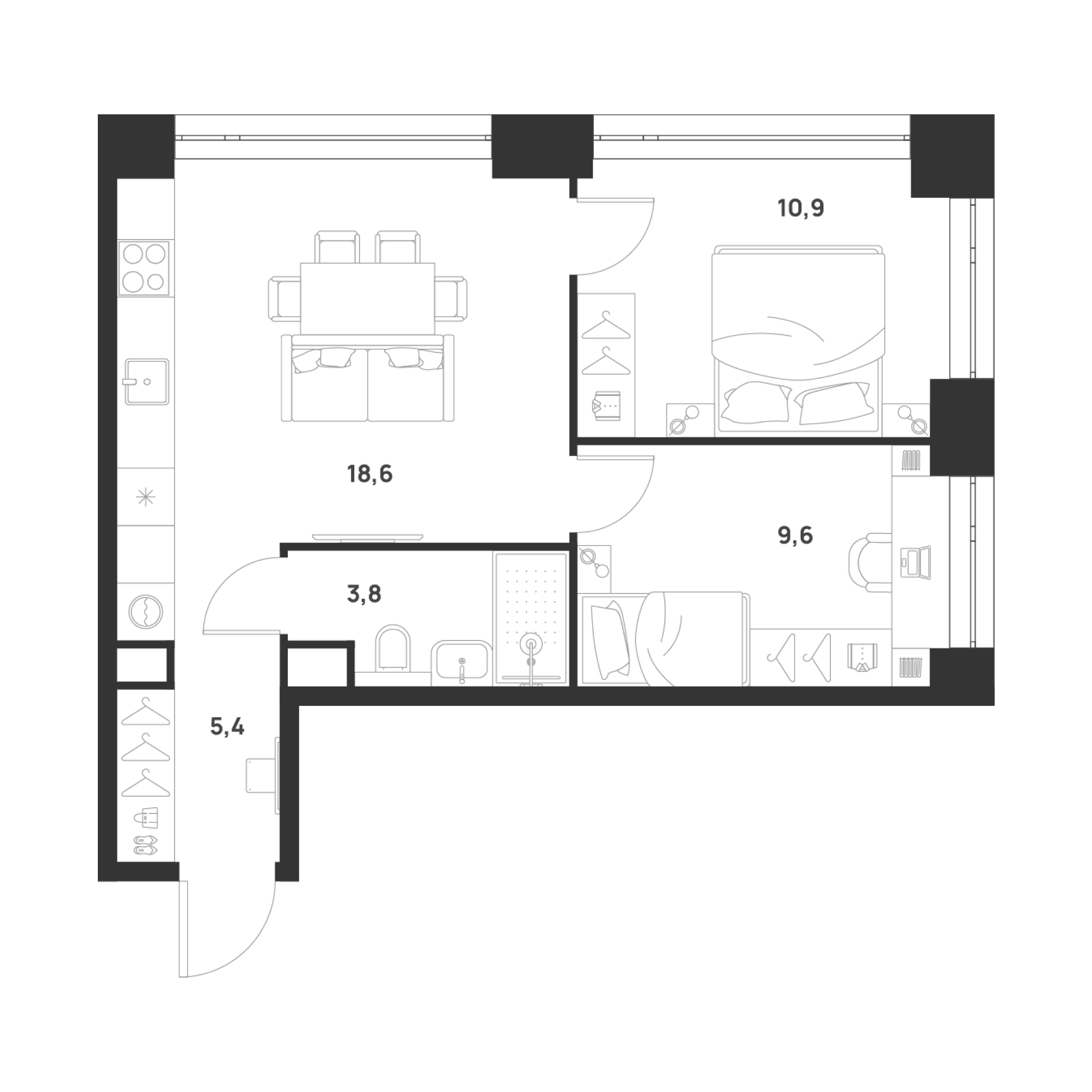 2-комнатная 48 м2 в ЖК Voice Towers корпус null этаж 3