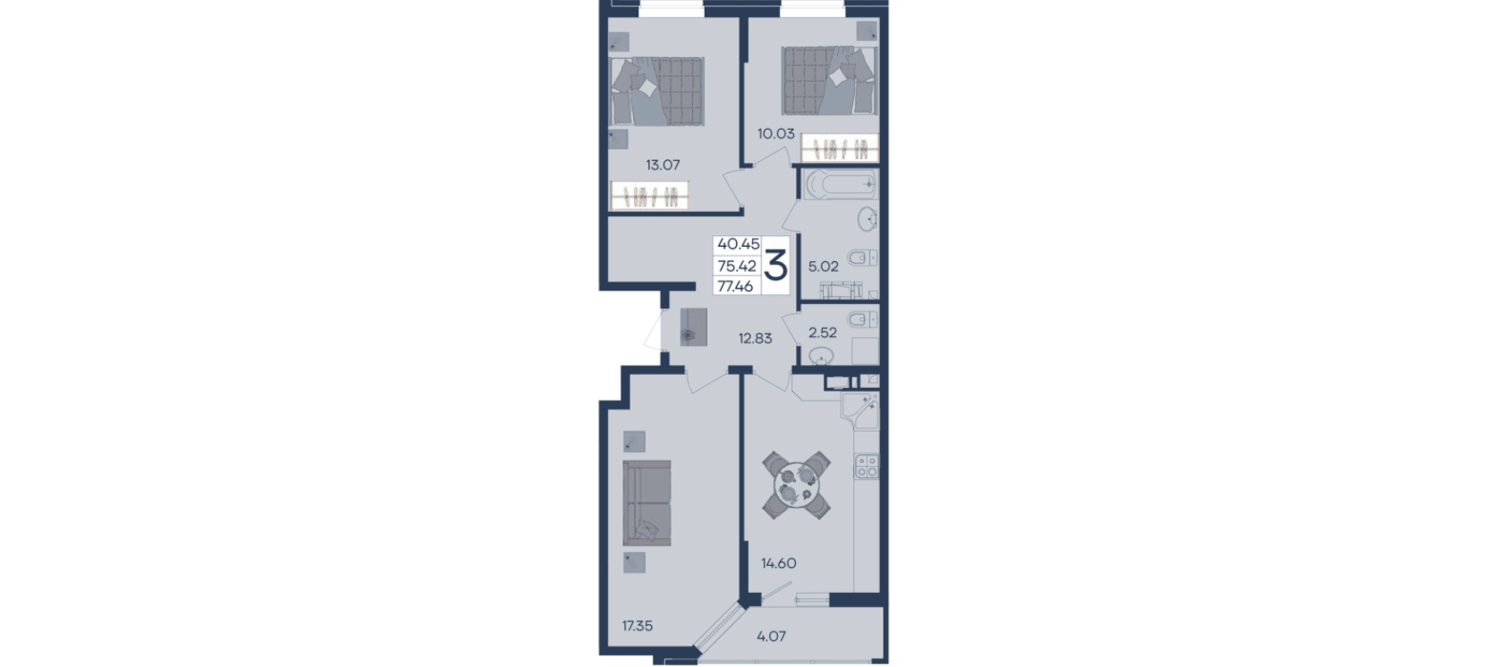 3-комнатная 77.5 м2 в ЖК undefined корпус null этаж 8