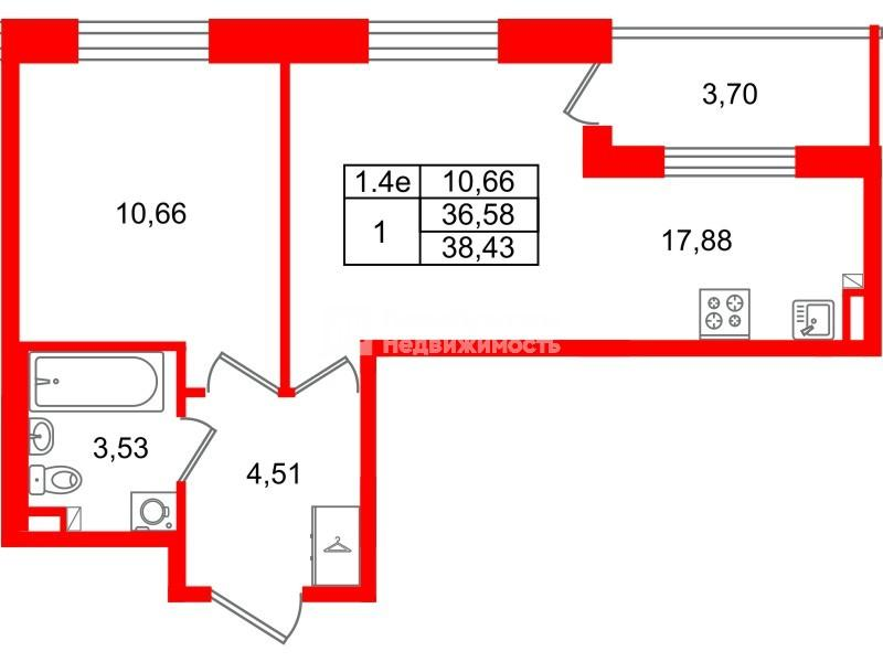 1-комнатная 36 м2 в ЖК Парадный ансамбль корпус null этаж 3
