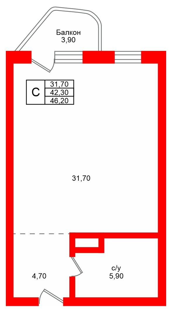 Студия 46 м2 в ЖК Русь-2 корпус null этаж 5