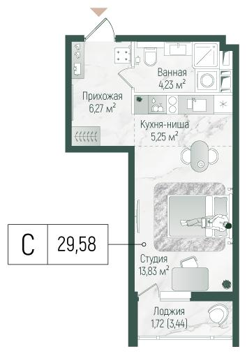 Студия 31 м2 в ЖК Рига Хиллс корпус null этаж 6