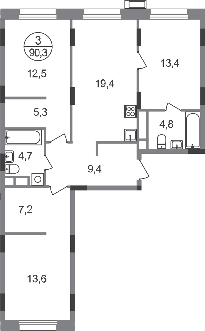 3-комнатная 90 м2 в ЖК Резиденции Сколково корпус null этаж 9