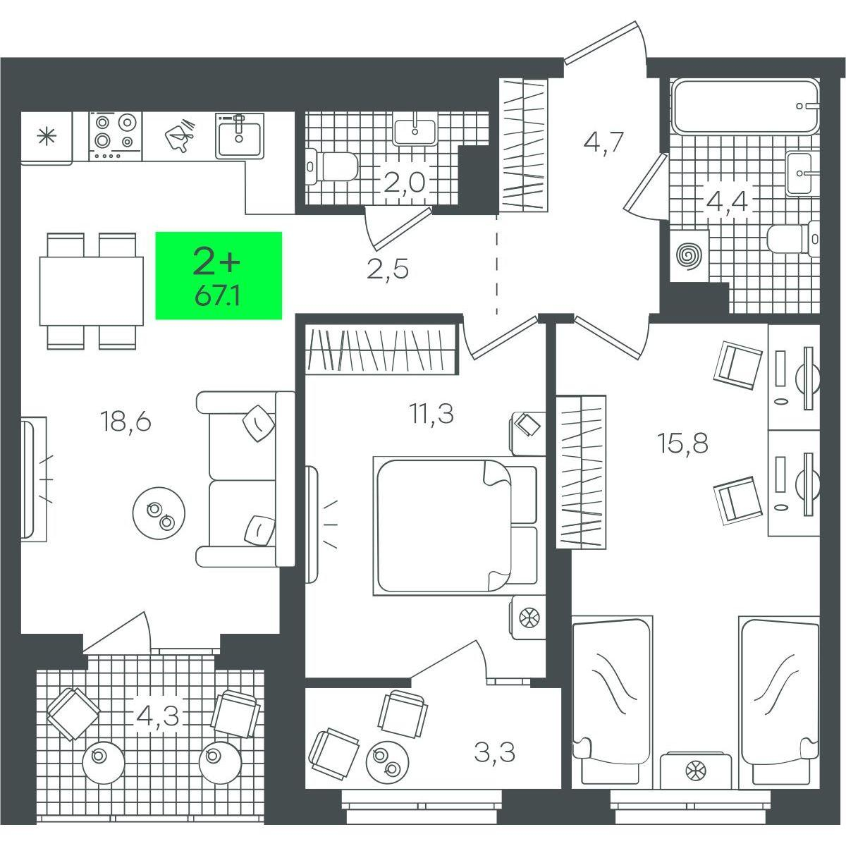 2-комнатная 67 м2 в ЖК Гранд Квартал корпус null этаж 11