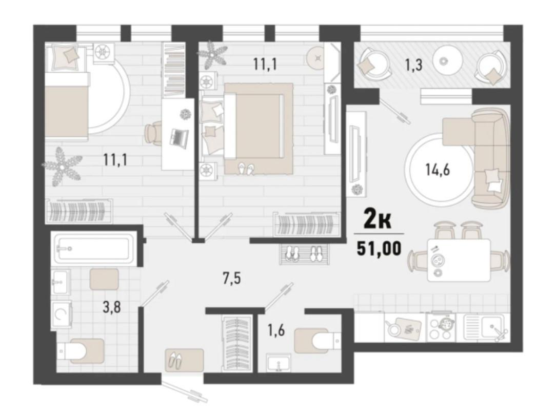 2-комнатная 51 м2 в ЖК undefined корпус null этаж 9
