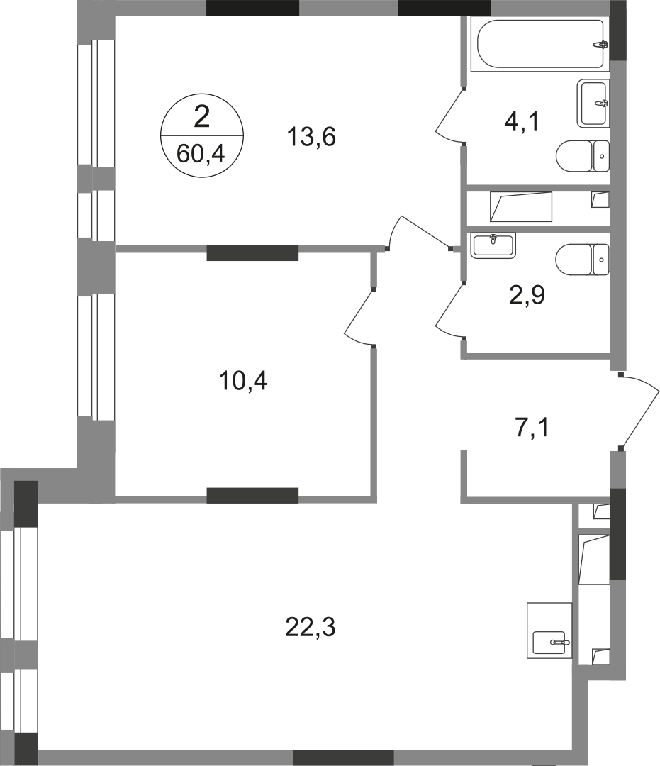 2-комнатная 60 м2 в ЖК Первый Московский корпус null этаж 3