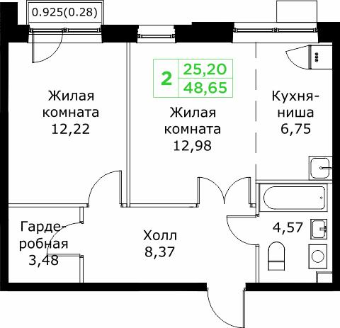 2-комнатная 48 м2 в ЖК Кит корпус null этаж 14